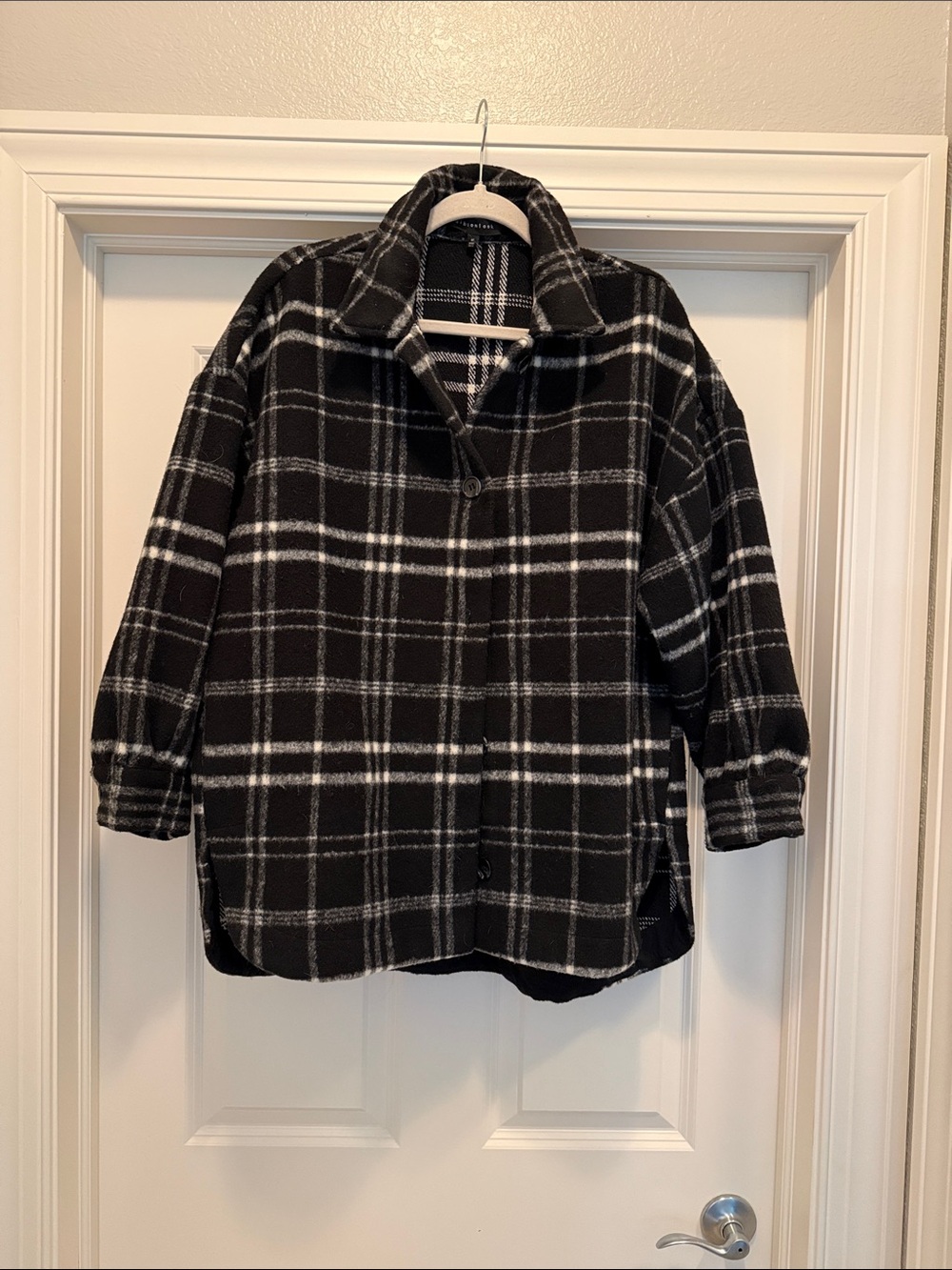 Womens Black & White Plaid Shacket Jacket